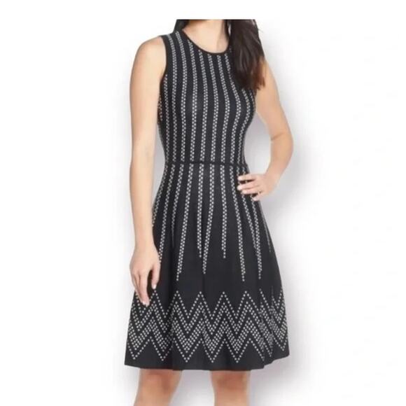 Eliza J. Black and White Dots Fit Flare Sleeveless Sweater Knit Dress (M) - Picture 1 of 16